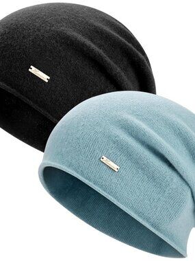 Unisex Black & Blue 100% Wool Warm Knit Pull-On Winter Slouchy Skull Beanie Cap